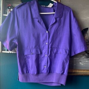 90’s Vintage Leslie Fay Purple Blouse Short Sleeve Button Up Top Retro Sport